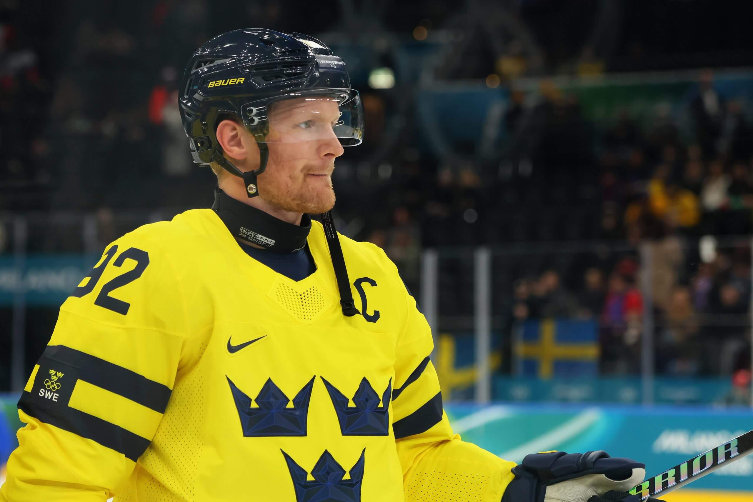 Swedish captain Gabriel Landeskog looks right during a game.