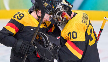 MILAN, ITALY - FEBRUARY 12: Philipp Grubauer Goalie of Germany Leon Draisaitl of Germany (NHL player with the Edmonton Oilers) celebrate after the Men's Preliminary Round Group C match between Germany and Denmark on day six of the Milano Cortina 2026 Winter Olympic games at Milano Rho Ice Hockey Arena on February 12, 2026 in Milan, Italy. (Photo by EyesWideOpen/Getty Images)