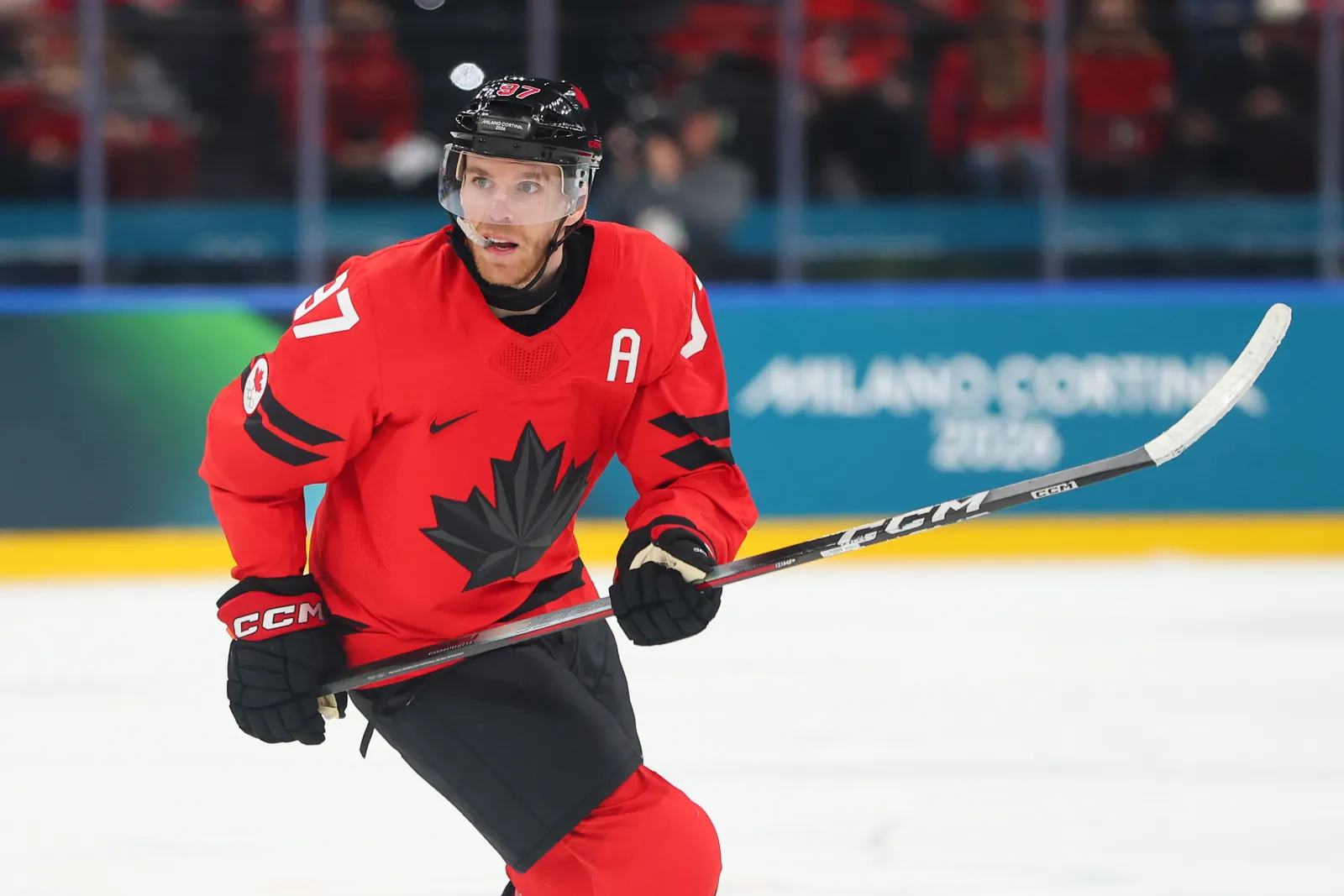 Team Canada hockey star Connor McDavid playing during 2026 Milano Cortina Olympics