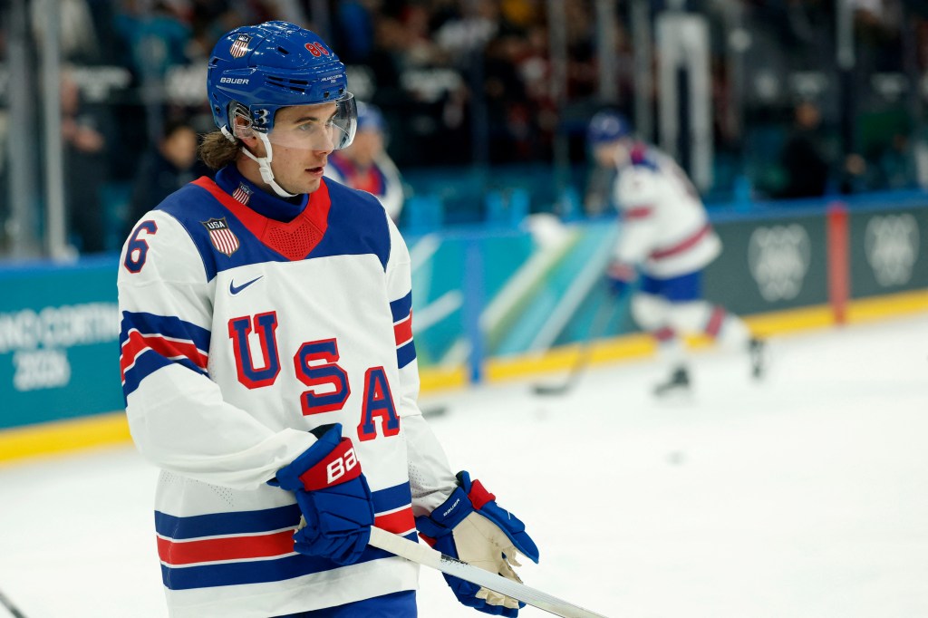 Jack Hughes, who is finally getting to play with his brother Quinn, had two assists in the United States' 5-1 win over Latvia on Feb. 12, 2026 in Milan.