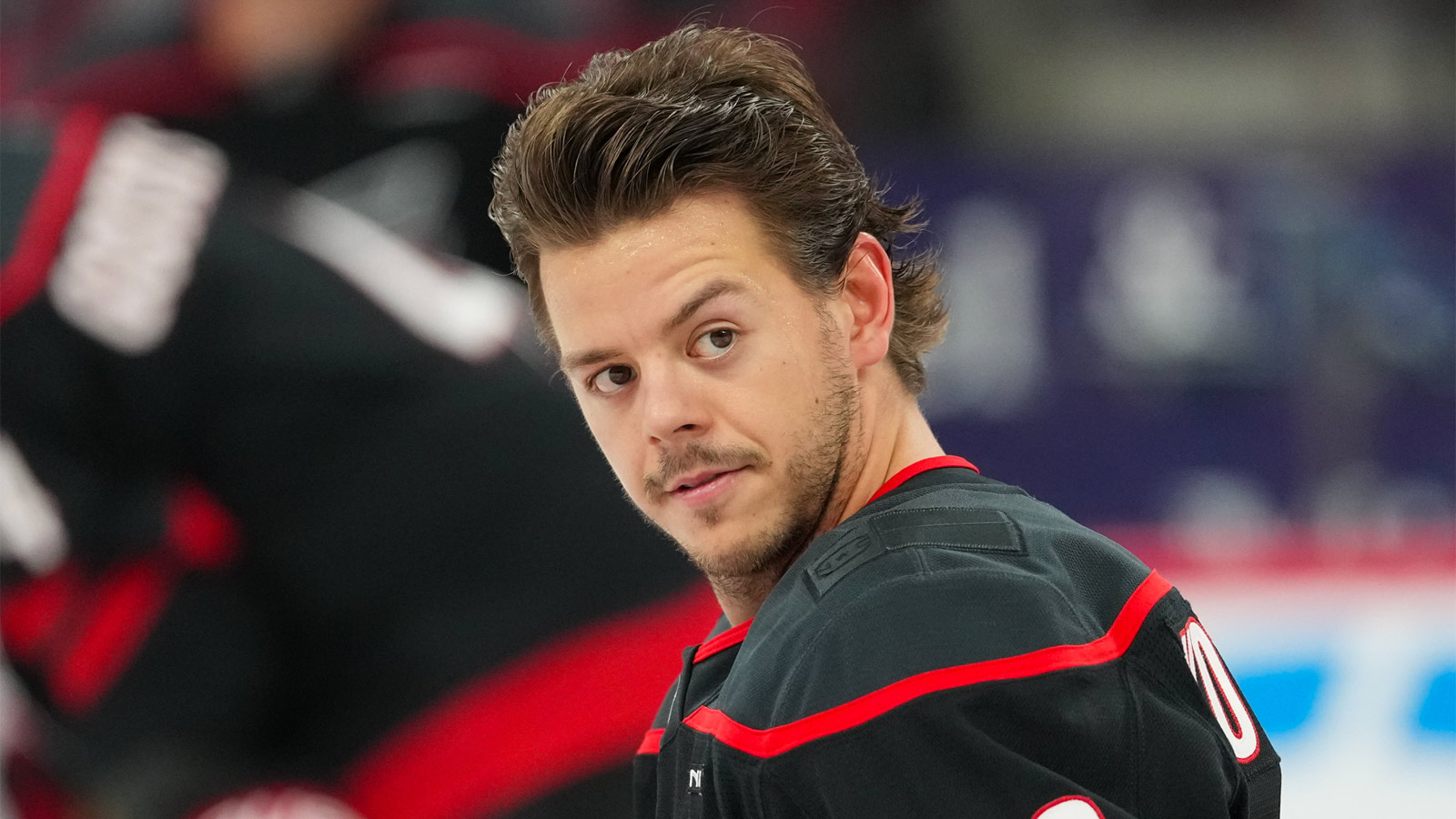 Carolina Hurricanes center Jesperi Kotkaniemi (82) looks on during the warmups before the game against the Nashville Predators at Lenovo Center.