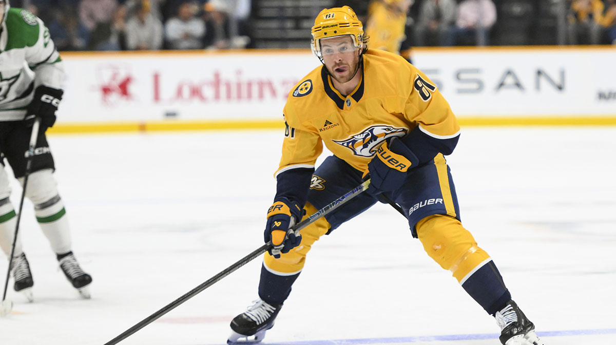 Nashville Predators center Jonathan Marchessault (81) skates with the puck against the Dallas Stars during the first period at Bridgestone Arena.