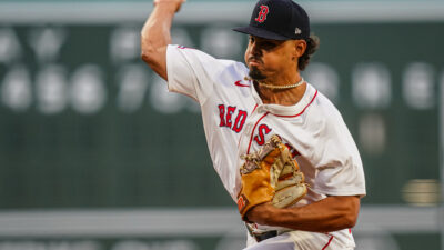 Sep 3, 2025; Boston, Massachusetts, USA; Boston Red Sox pitcher Jordan Hicks (46) throws a pitch against the Cleveland Guardians in the first inning at Fenway Park.