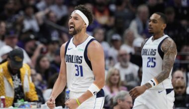 Dallas Mavericks guard Klay Thompson (31) reacts during the first half of an NBA play-in tournament basketball game against the Sacramento Kings, Wednesday, April 16, 2025, in Sacramento, Calif. (AP Photo/Godofredo A. Vásquez)