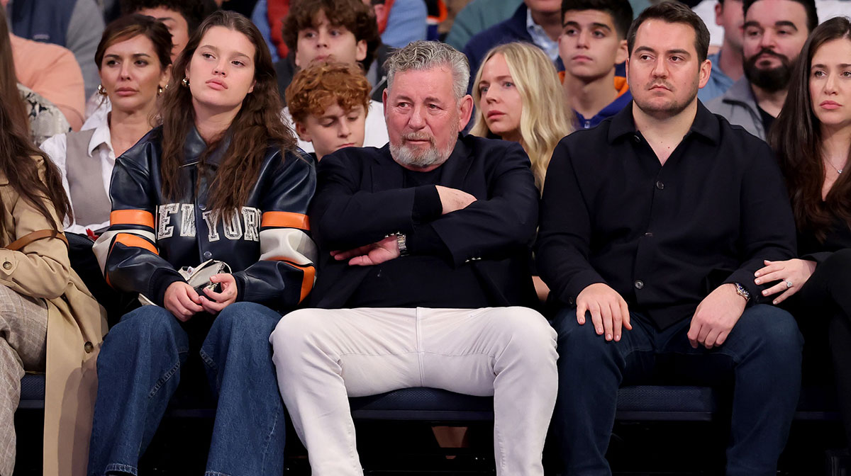 New York Knicks executive chairman James Dolan sits court side sits courtside during the third quarter against the Milwaukee Bucks at Madison Square Garden.
