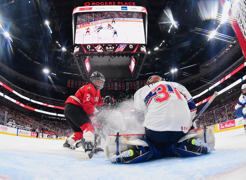 EDMONTON, CANADA - DECEMBER 13: Aerin Frankel #31 of Team USA makes a save during the first period of Game Two of the 2025 Rivalry Series against Team Canada at Rogers Place on December 13, 2025, in Edmonton, Alberta, Canada. (Photo by Leila Devlin/Getty Images)