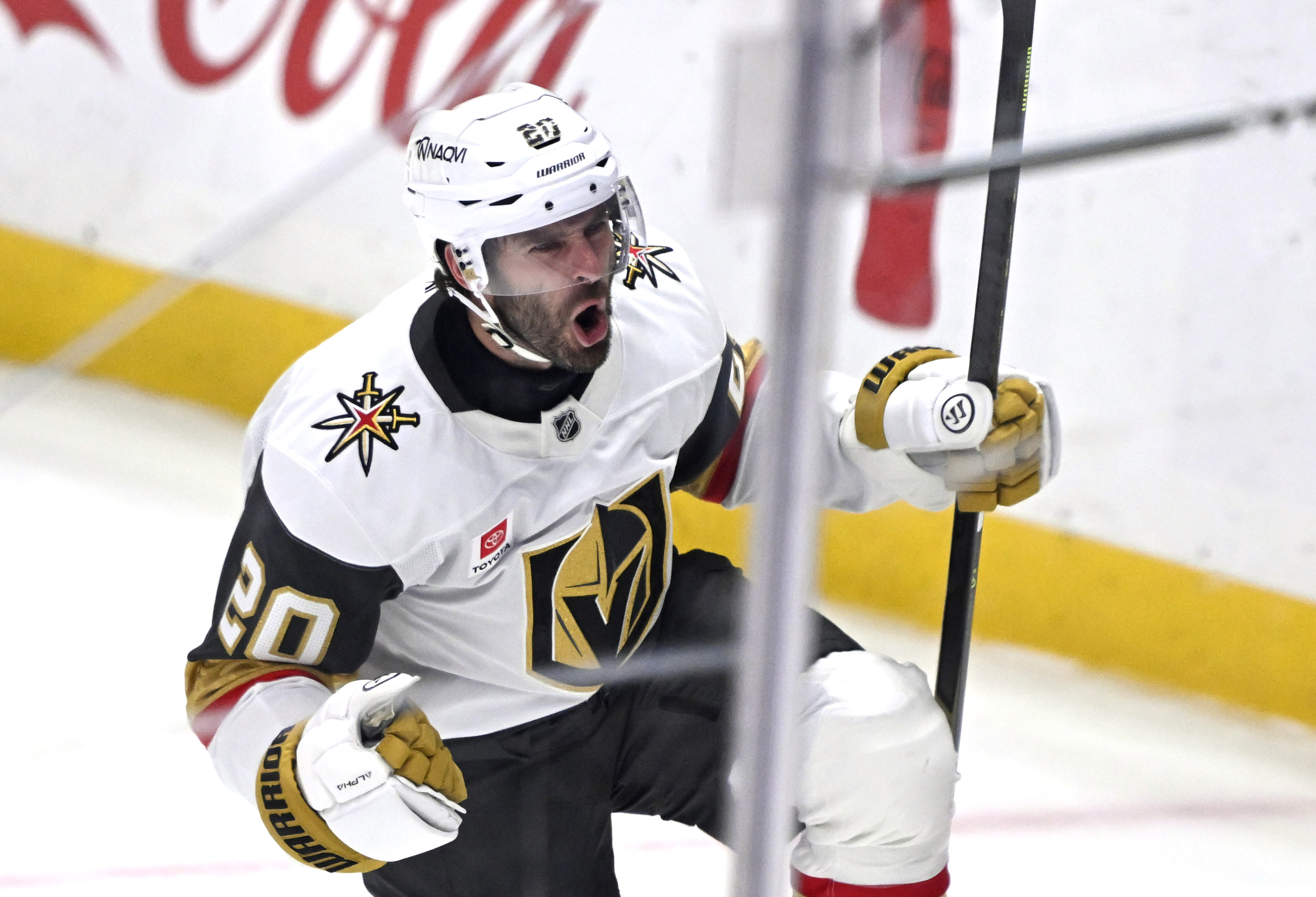 Vegas Golden Knights left wing Brandon Saad celebrates after scoring...