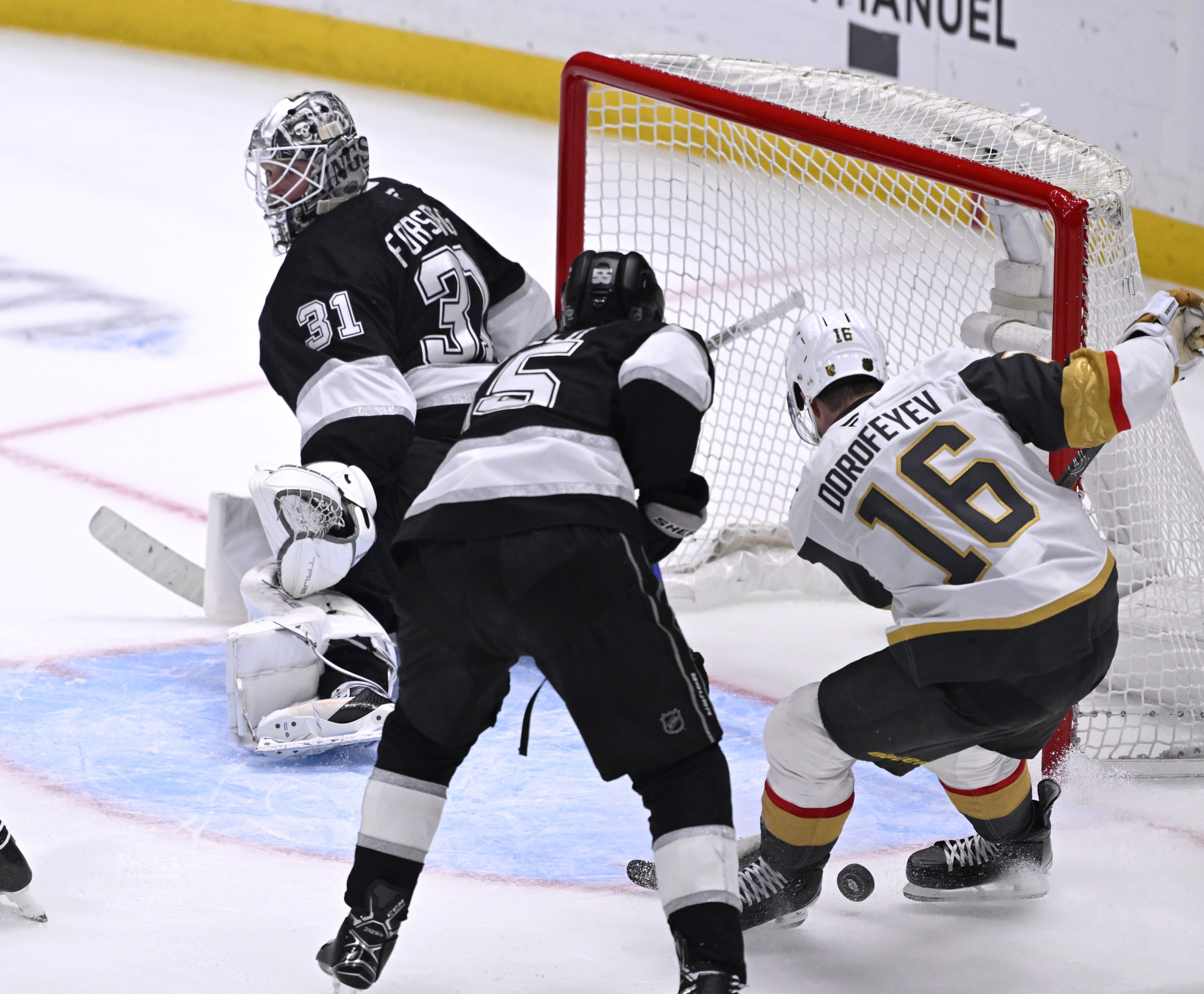Vegas Golden Knights right wing Pavel Dorofeyev (16) scores past...