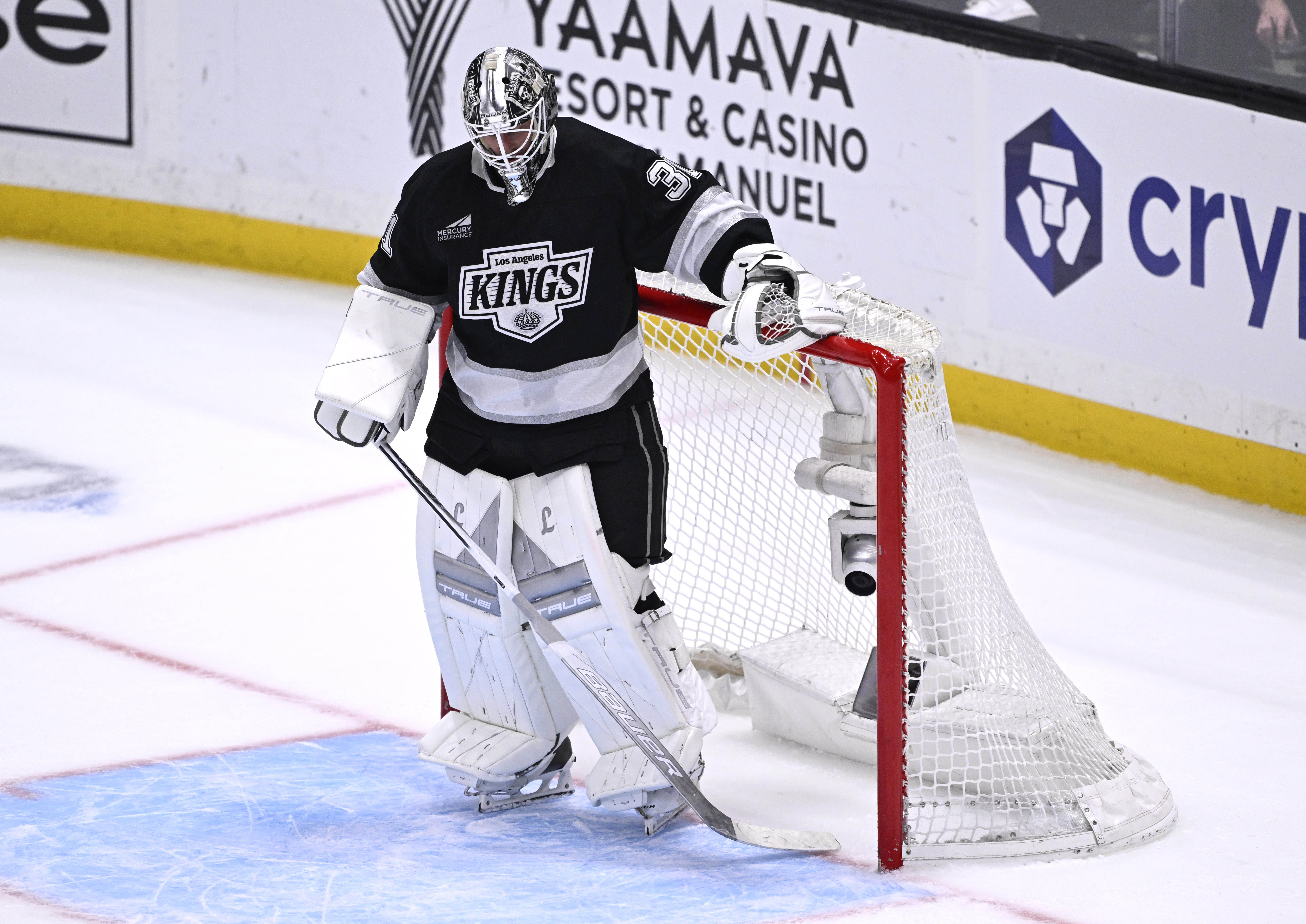 Kings goaltender Anton Forsberg shows his frustration after giving up...
