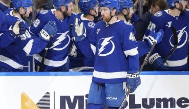 Tampa Bay Lightning defenseman Nick Perbix (48) celebrates with the bench after his goal against the Toronto Maple Leafs during the first period of an NHL hockey game Wednesday, April 9, 2025, in Tampa, Fla. (AP Photo/Chris O'Meara)