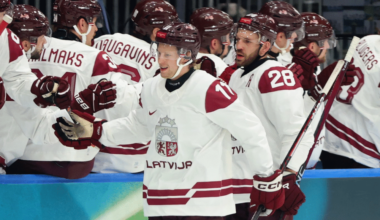 Dans Locmelis (LAT) celebrates a goal at the Olympics in Milan. Photo courtesy of Bruins X
