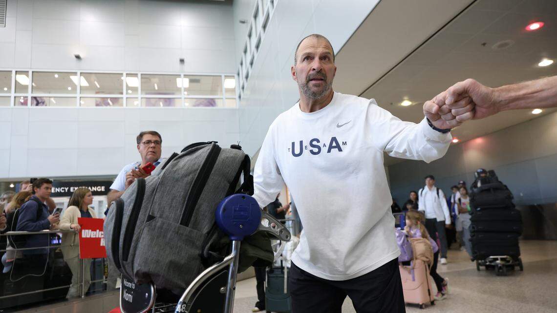 Florida Panthers general manager Bill Zito greets fans upon arrival at Miami International Airport on Monday, Feb. 23, 2026, in Miami, after returning from Milan following the Americans' gold-medal victory over Canada at the 2026 Winter Olympics in Milano Cortina, Italy.