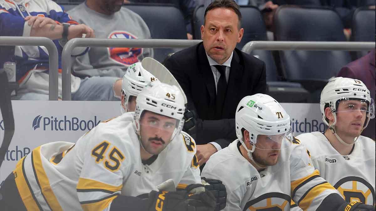 Boston Bruins head coach Marco Sturm coaches against the New York Islanders during the second period at UBS Arena. 