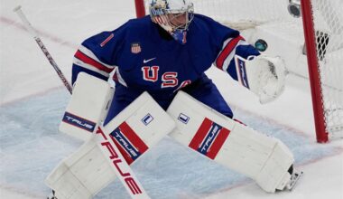 American Jeremy Swayman allows a long-distance goal against Denmark at the Olympics