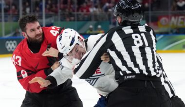 Tom Wilson fights in Canada’s game vs. France at the Olympics
