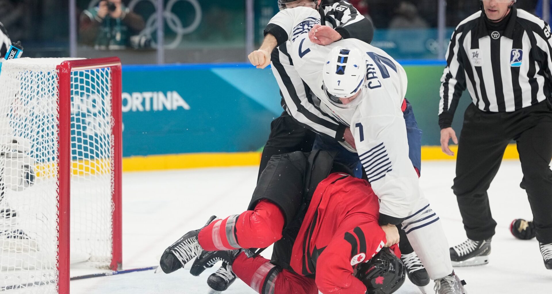 Tom Wilson fights in Canada’s game vs. France at the Olympics