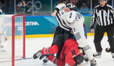 Tom Wilson fights in Canada’s game vs. France at the Olympics