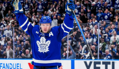 Morgan Rielly celebrating a goal for the Toronto Maple Leafs