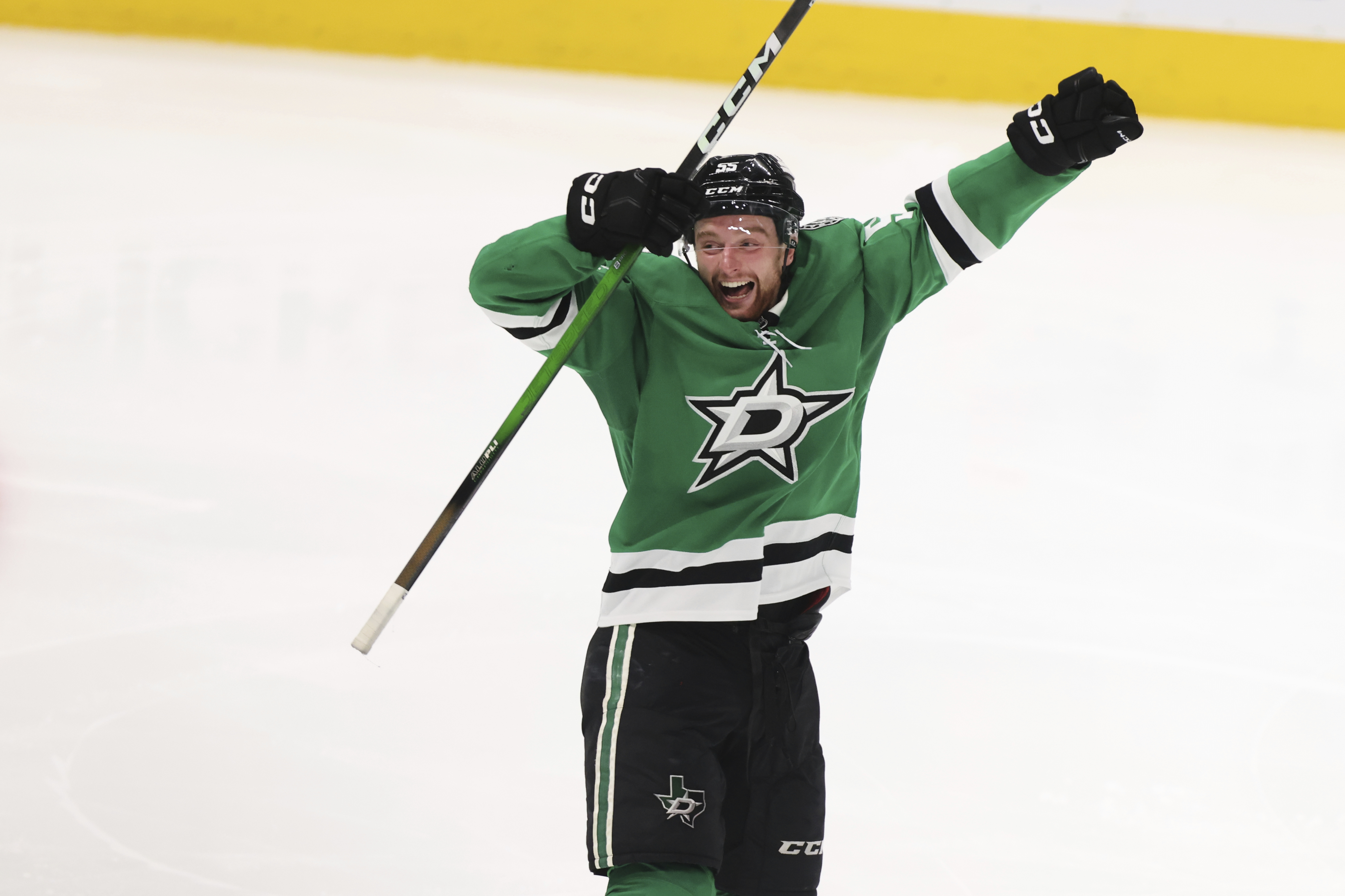 Dallas Stars' Thomas Harley celebrates after scoring in overtime in Game 6 of a second-round NHL hockey playoff series against the Winnipeg Jets in Dallas, Saturday, May 17, 2025. (AP Photo/Gareth Patterson)
