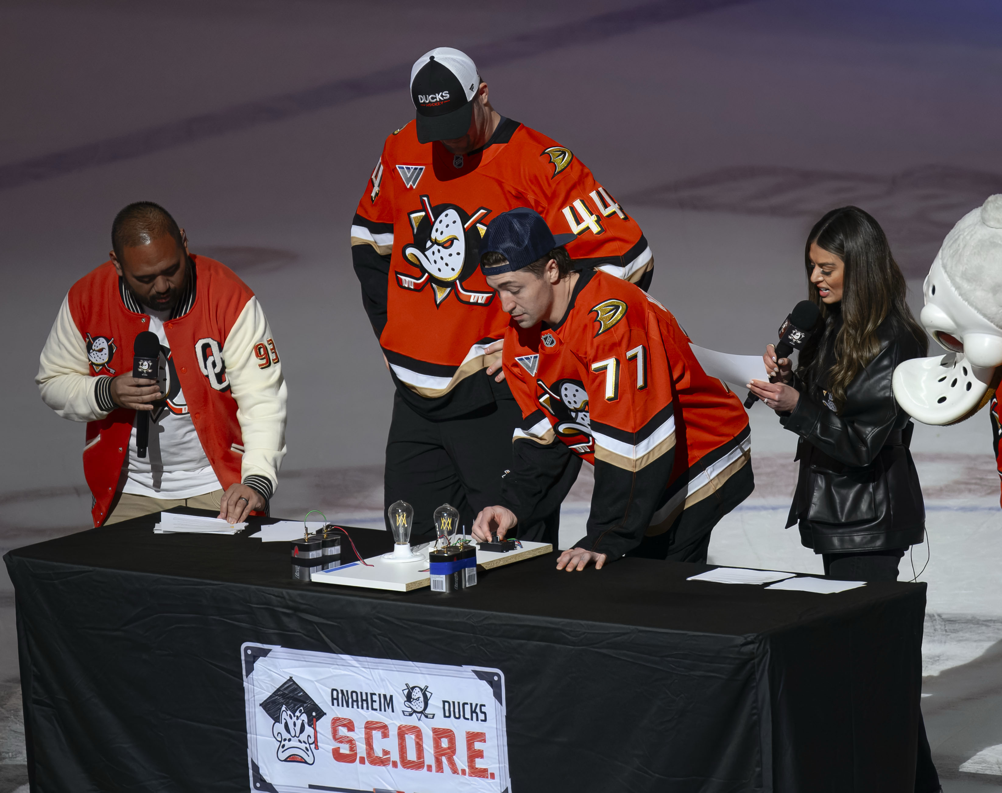 Anaheim Ducks player Frank Vatrano (77) and Ross Johnston (44)...