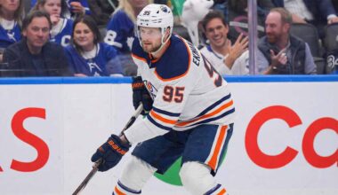 A concept visualization showing current Toronto Maple Leafs defenseman Oliver Ekman-Larsson (95) wearing a white Edmonton Oilers away jersey, helmet, and gloves, skating with the puck during a game environment.