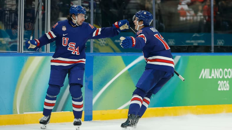 Quinn Hughes, Matt Boldy - Olympics: Ice Hockey-Men Quarterfinal- USA-SWE