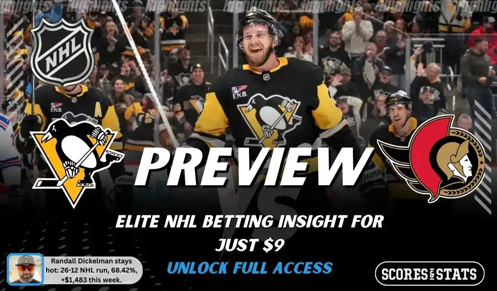 Pittsburgh Penguins vs Ottawa Senators preview graphic with both team logos, “Picks and Predictions” label, and Pittsburgh Penguins hockey action background (February 2, 2026).