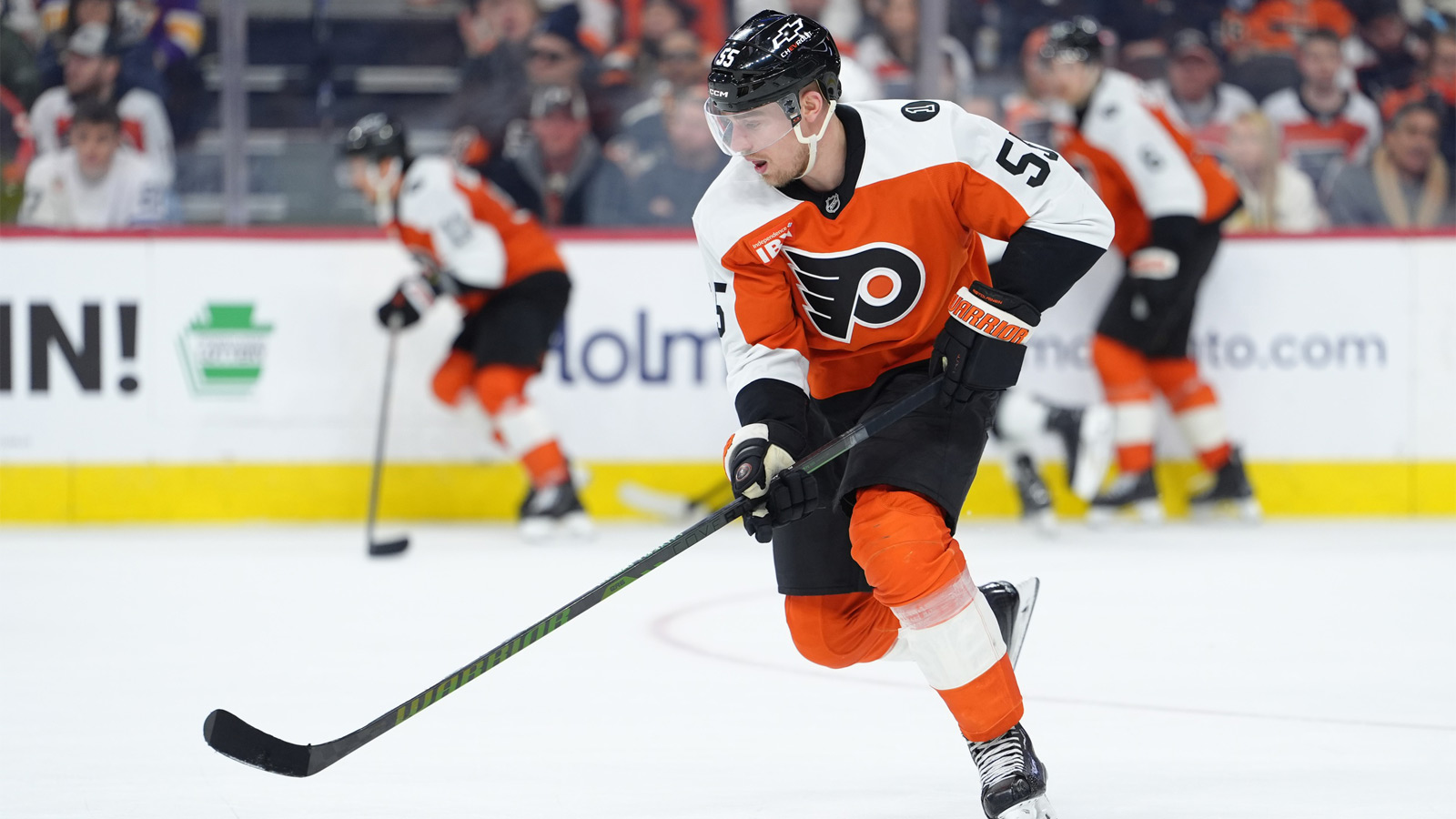 Philadelphia Flyers defenseman Rasmus Ristolainen (55) controls the puck against the Los Angeles Kings in the third period at Xfinity Mobile Arena.