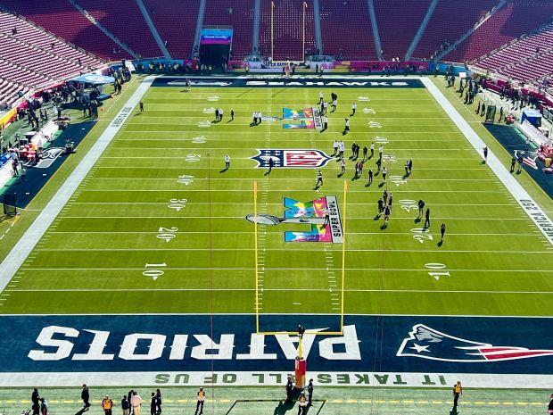 Pregame preparations take place on the field ahead of Super Bowl 60 at Levi's Stadium in Santa Clara, Calif., on Sunday, Feb. 8, 2026. (Ray Chavez/Bay Area News Group)