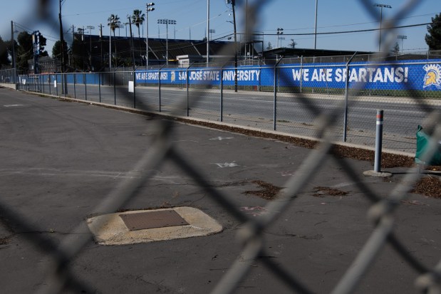 San Jose State University sports facilities, including the football stadium and soccer field, are located across the street from the former Lorentz Barrel and Drum site, shown on Friday, Feb. 6, 2026. (Dai Sugano/Bay Area News Group)
