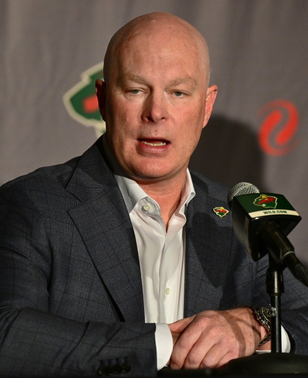 New Minnesota Wild head coach John Hynes answers questions during a news conference at Xcel Energy Center in St. Paul on Tuesday, Nov. 28, 2023.Hynes replaces former Wild head coach Dean Evason, who was let go after starting the season with a 5-10-4 record. Hynes coached the Nashville Predators from 2019-2023. (John Autey / Pioneer Press)