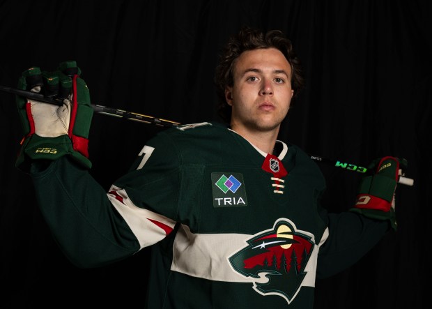 Minnesota Wild defenseman Brock Faber (7) is photographed during the team's media day in St. Paul on Wednesday, Sept. 18, 2024. (John Autey / Pioneer Press).