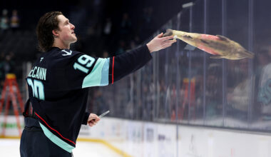 Seattle Kraken Jared McCann salmon toss April 2025...