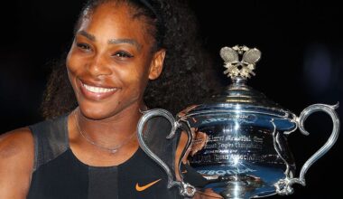 Serena Williams poses with the Daphne Akhurst Trophy after winning the Women's Singles final against Venus Williams of the United States on day 13 of the 2017 Australian Open at Melbourne Park on January 28, 2017 in Melbourne, Australia. (tennis, sports)