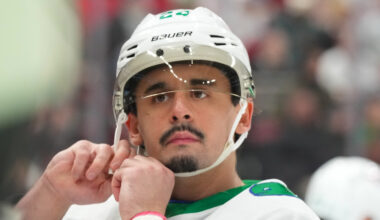 Seth Jarvis adjusting his helmet