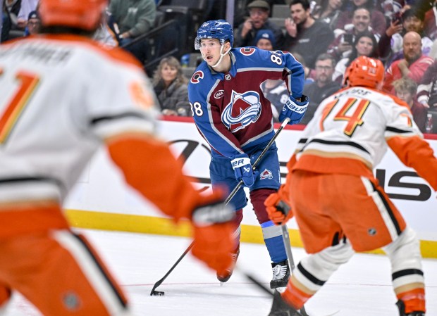 Martin Necas (88) of the Colorado Avalanche controls the puck against the Anaheim Ducks during the third period at Ball Arena on Tuesday, Nov. 11, 2025. (Photo by AAron Ontiveroz/The Denver Post)