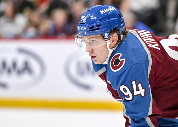 Joel Kiviranta (94) of the Colorado Avalanche prepares for a face off against the Vegas Golden Knights during the second period at Ball Arena in Denver on Tuesday, Sept. 30, 2025. (Photo by AAron Ontiveroz/The Denver Post)