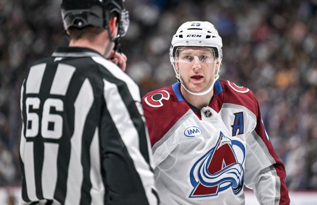 DENVER , CO - DECEMBER 29: Nathan MacKinnon (29) of the Colorado Avalanche speaks to an official during the third period of the Avs' 5-2 win over the Los Angeles Kings at Ball Arena on Monday, December 29, 2025. (Photo by AAron Ontiveroz/The Denver Post)