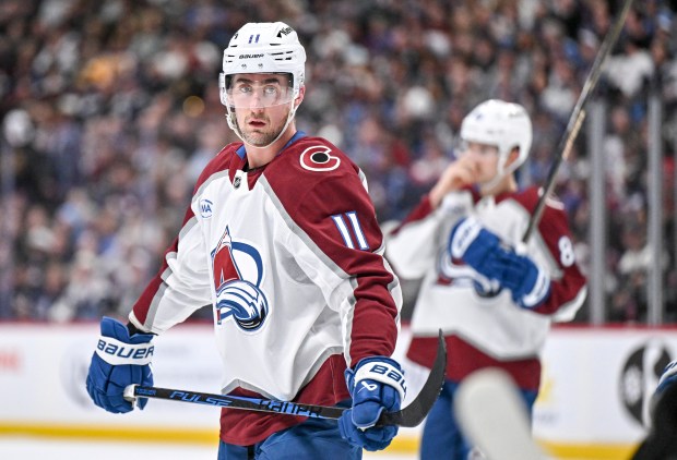 DENVER , CO - DECEMBER 29: Brock Nelson (11) of the Colorado Avalanche stands on the ice during the third period of the Avs' 5-2 win over the Los Angeles Kings at Ball Arena on Monday, December 29, 2025. (Photo by AAron Ontiveroz/The Denver Post)