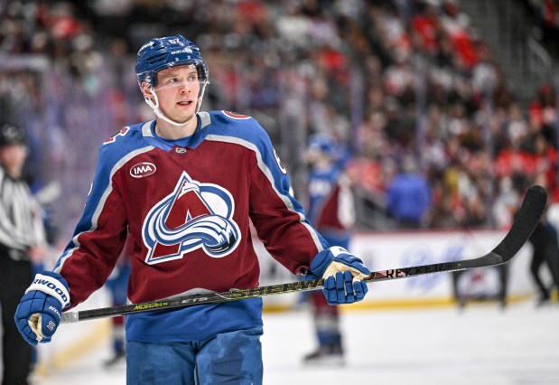 Artturi Lehkonen (62) of the Colorado Avalanche prepares for a face off against the Detroit Red Wings during the first period at Ball Arena on Tuesday, Feb. 2, 2026. (Photo by AAron Ontiveroz/The Denver Post)