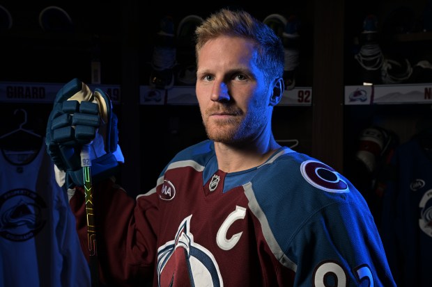 Gabe Landeskog, captain of Colorado Avalanche, poses for a portrait at the locker room of Ball Arena in Denver on Tuesday, Sept. 30, 2025. (Photo by Hyoung Chang/The Denver Post)