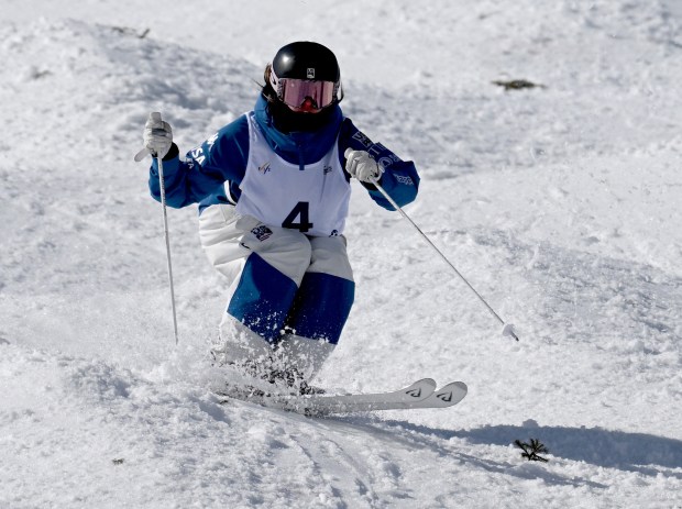 Tess Johnson of Team United States competes during the Women's Moguls First Final of the FIS World Cup Aerials and Moguls on March 11, 2025 in Livigno, Italy. (Photo by Matthias Hangst/Getty Images)