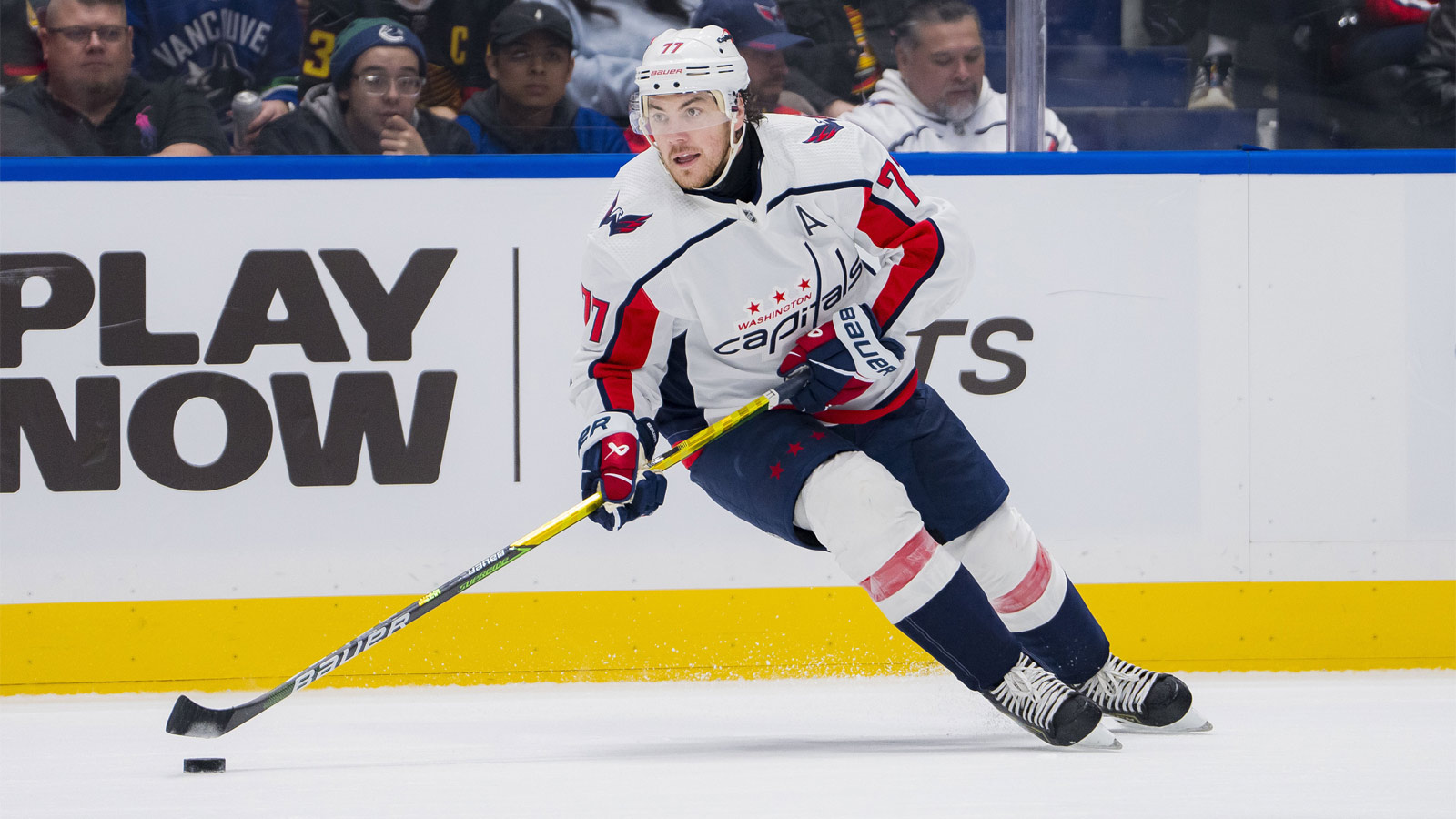 Washington Capitals forward TJ Oshie (77) handles the puck against the Vancouver Canucks in the second period at Rogers Arena.