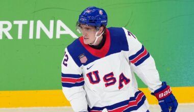 United States' Tage Thompson skates past the bench after scoring a goal against Slovakia during the first period of a men's ice hockey semifinal game at the 2026 Winter Olympics in Milan, Italy, Friday, Feb. 20, 2026. (AP Photo/Carolyn Kaster)