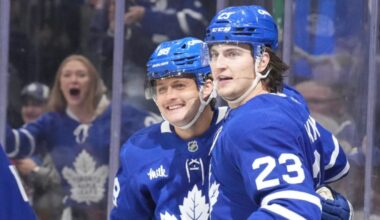Matthew Knies and William Nylander celebrating a Toronto Maple Leafs goal