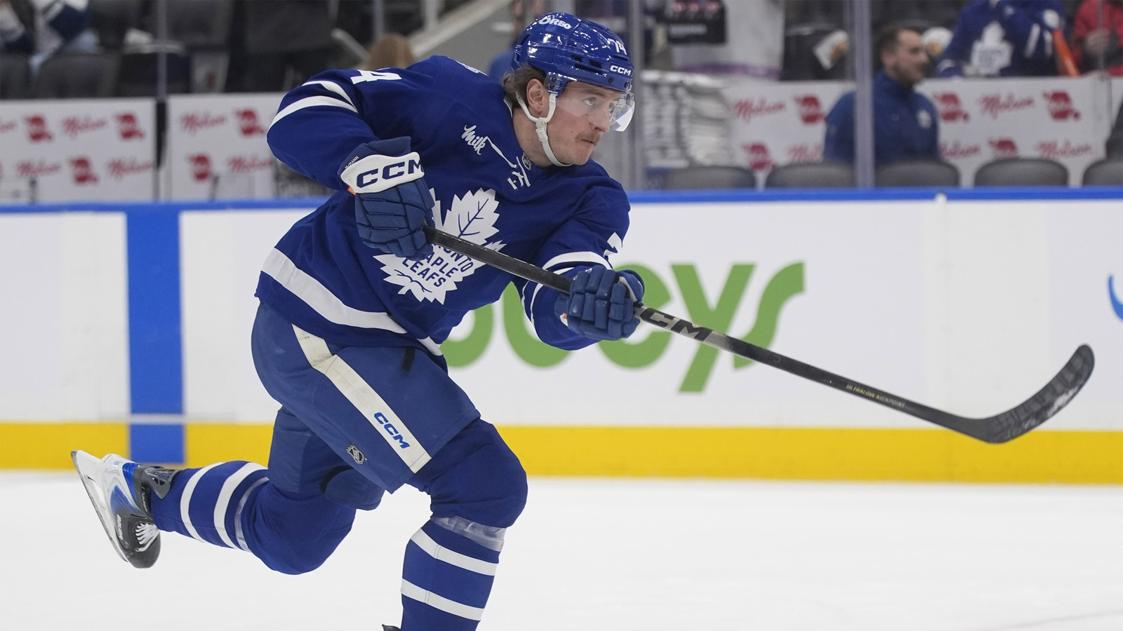 Toronto Maple Leafs forward Bobby McMann (74) shoots the puck during warm up before a game against the Buffalo Sabres at Scotiabank Arena.
