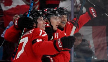 Colorado Avalanche star Nathan MacKinnon (center) scored the go-ahead goal for Team Canada with 35.2 seconds remaining in regulation.