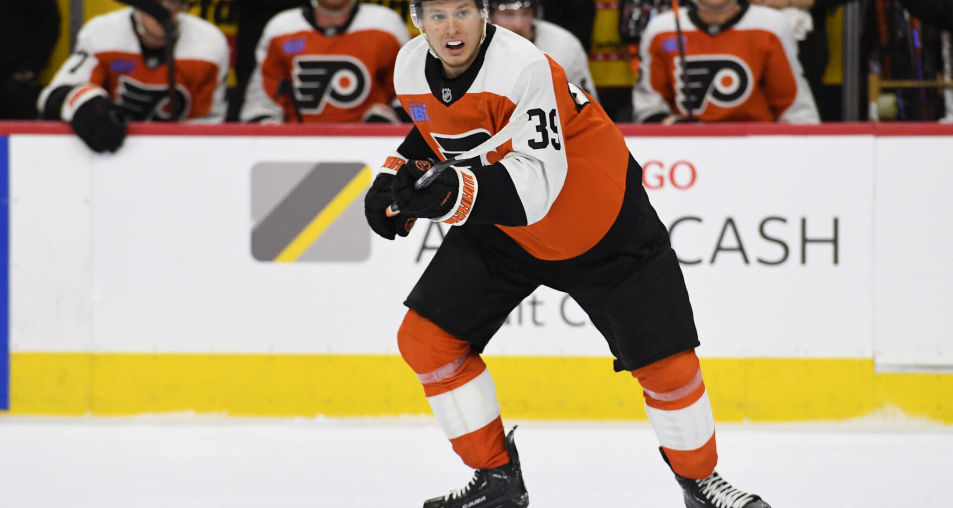 Sep 26, 2024; Philadelphia, Pennsylvania, USA; Philadelphia Flyers right wing Matvei Michkov (39) during the third period against the New York Islanders at Wells Fargo Center.