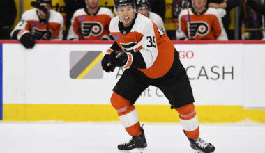 Sep 26, 2024; Philadelphia, Pennsylvania, USA; Philadelphia Flyers right wing Matvei Michkov (39) during the third period against the New York Islanders at Wells Fargo Center.