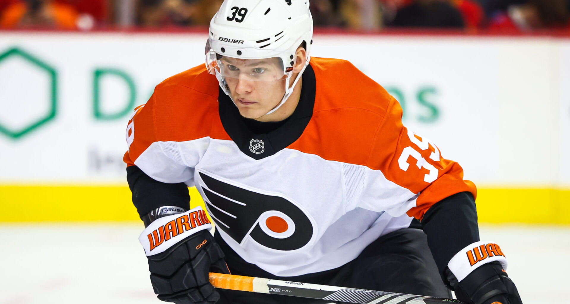 Oct 12, 2024; Calgary, Alberta, CAN; Philadelphia Flyers right wing Matvei Michkov (39) skates against the Calgary Flames during the third period at Scotiabank Saddledome.